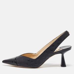 Jimmy Choo Black Logo Embossed Leather Liya Slingback Pumps Size 37.5