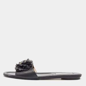 Jimmy Choo Black Leather Floral Appliqué Neave Flat Slides Size 38.5