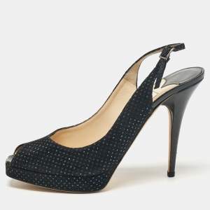 Jimmy Choo Black Embellished Suede Peep Toe Platorm Slingback Pumps Size 41