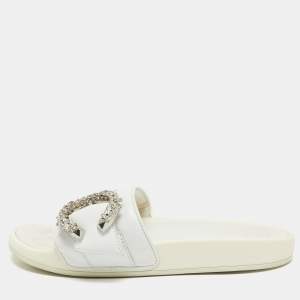 Jimmy Choo White Leather Crystal Embellished Flat Slides Size 39