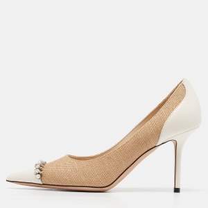 Pre Owned Jimmy Choo Brown/Cream Leather and Raffia Love Pumps Size 38