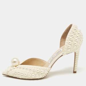 Pre Owned Jimmy Choo Cream Faux Pearl and Satin D'orsay Pumps Size 37.5