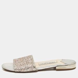 Jimmy Choo Silver/Pink Glitter Joni Flat Slides Size 36