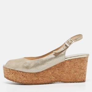 Jimmy Choo Gold Suede Prova Cork Wedge Sandals Size 39.5