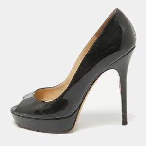 Jimmy Choo Black Patent Leather Crown Peep Toe Pumps Size 39
