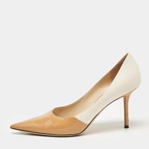 Jimmy Choo Beige/Off White Leather and Patent Pointed Toe Pumps Size 40