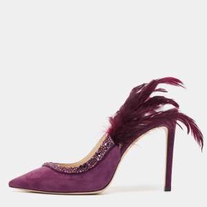 Jimmy Choo Purple Suede and Feather Tacey Slingback Pumps Size 40