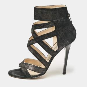 Jimmy Choo Black Glitter Suede Strappy Sandals Size 38.5