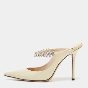 Jimmy Choo White Patent Leather Crystal Embellished Bing Pointed Toe Mules Size 37