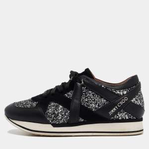 Jimmy Choo Black Glitter and Suede Low Top Sneakers 39