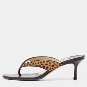 Jimmy Choo Brown Leopard Calf Hair and Leather Thong Sandals Size 37.5