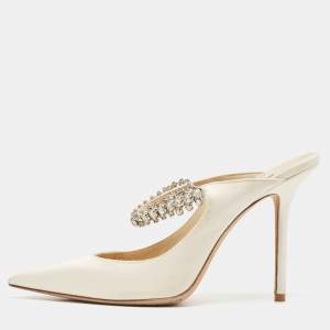 Jimmy Choo Off-White Satin Crystal Embellished Bing Mules Size 39