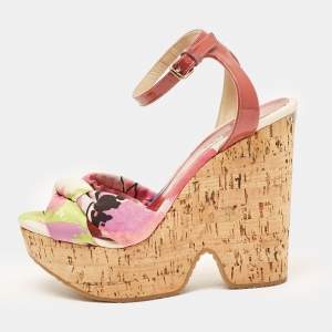 Jimmy Choo Red Patent Leather and Gleam Printed Fabric Cork Wedge Sandals Size 38.5