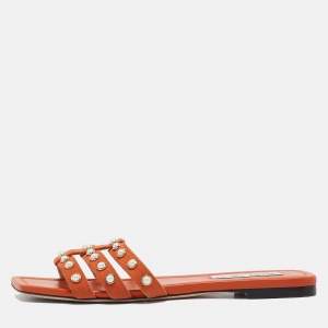 Jimmy Choo Orange Suede Pearl Embellished Hazal Flat Sandals Size 37