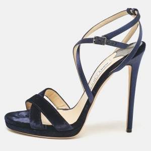 Jimmy Choo Navy Blue Satin and Velvet Lola Ankle Strap Sandals Size 40