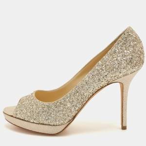 Jimmy Choo Metallic Gold Glitter Dahlia Platform Peep Toe Pumps Size 38.5