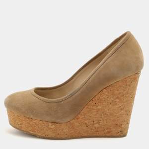 Jimmy Choo Beige Suede And Cork Wedge Platform Pumps Size 39