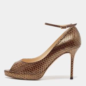 Jimmy Choo Brown Python Leather Peep Toe Pumps Size 39.5