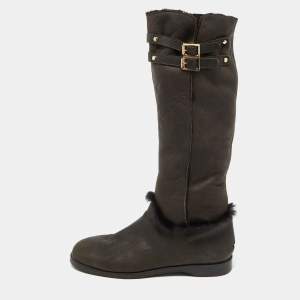 Jimmy Choo Dark Brown Leather and Fur High Snow Boots Size 40