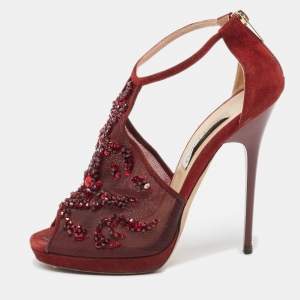 Jimmy Choo Burgundy Mesh and Suede Embellished Ankle Strap Sandals Size 38.5