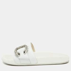 Jimmy Choo White Leather Crystal Embellished Flat Slides Size 41