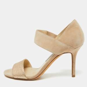 Jimmy Choo Beige Suede and Glitter Tesoro Strap Sandals Size 37.5