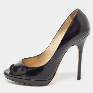 Jimmy Choo Black Patent Leather Cosmic Peep Toe Pumps Size 38.5