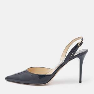 Pre Owned Jimmy Choo Navy Blue Patent Leather Tarida Slingback Sandals Size 39