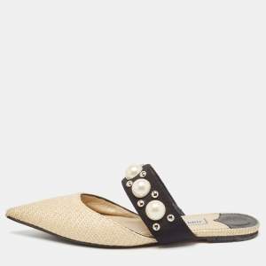 Jimmy Choo Cream/Black Canvas and Raffia Embellished Mules Size 37.5