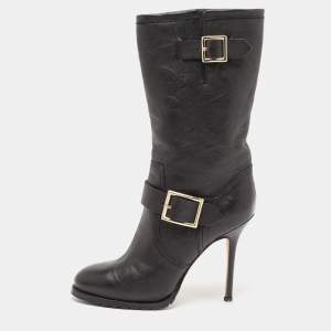 Pre Owned Jimmy Choo Black Leather Buckle  Mid Calf Boots Size 37.5