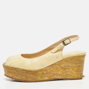 Jimmy Choo Yellow Snakeskin Leather Wedge Sandals Size 37