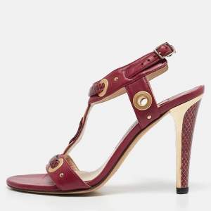 Jimmy Choo Red Leather and Snakeskin Leather Ankle Strap Sandals Size 37