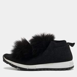 Jimmy Choo Black Knit Fabric and Fur Pom Pom Norway Slip On Sneakers Size 37