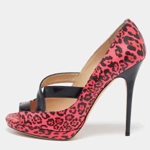 Jimmy Choo Black/Pink Leopard Print Patent Leather Open Toe Pumps Size 40.5