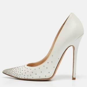 Jimmy Choo White Leather Romy Pearl Embellished Pointed Toe Pumps 36.5