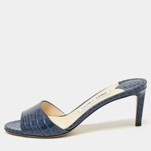 Jimmy Choo Blue Croc Embossed Leather Stacey Slide Sandals Size 37