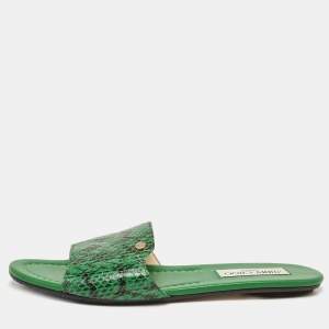Jimmy Choo Green Python Leather Nanda Flat Sandals Size 38