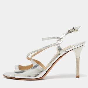 Jimmy Choo Silver Mirror Leather Paxton Cross Strap Sandals Size 36