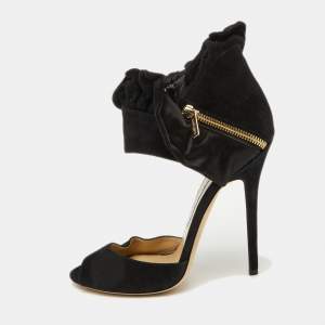 Jimmy Choo Black Suede and Satin Ruffle Ankle Strap Sandals Size 38
