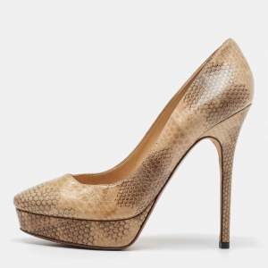 Jimmy Choo Beige/Brown Watersnake Leather Cosmic Volume Platform Pumps Size 38