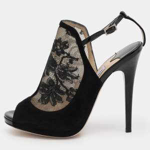 Jimmy Choo Black Lace and Suede Slingback Sandals Size 37.5
