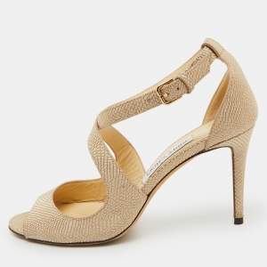 Jimmy Choo Beige Textured Leather Emily Cross Strap Sandals Size 39