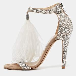 Pre Owned Jimmy Choo Metallic Beige Suede and Crystal Embellished  Voila Ankle Cuff Sandals Size 39