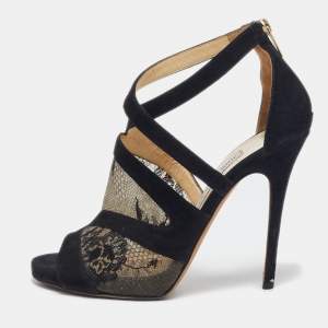 Jimmy Choo Black Lace and Suede Flyte Sandals Size 40