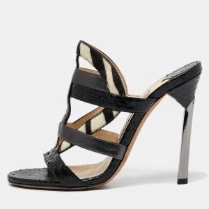 Jimmy Choo Black Zebra Print Calfhair and Snakeskin Vanisa Slide Sandals Size 36.5
