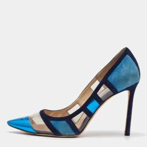 Jimmy Choo Blue/Navy Blue Suede and PVC Romy Pointed Toe Pumps Size 39