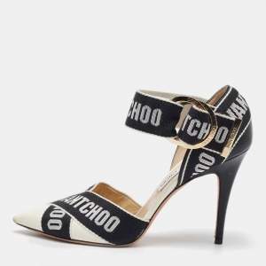 Jimmy Choo White/Black Leather and Fabric Bea Ankle Strap Sandals Size 40