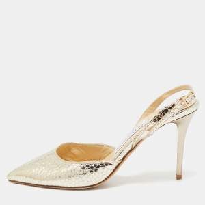 Jimmy Choo Gold Texture Leather Pointed Toe Slingback Pumps Size 36.5
