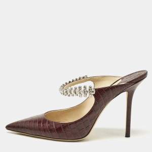 Jimmy Choo Burgundy Croc Embossed Leather Bing 100 Mules Size 39