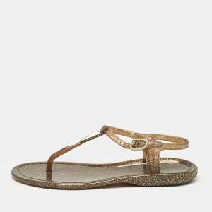 Jimmy Choo Metallic Gold Rubber T Strap Thong Flats Sandals Size 37